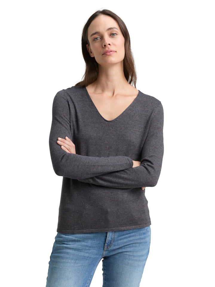 TOM TAILOR Damen Basic Strickpullover mit V-Ausschnitt XS 30281 - Evident Anthracite Melange, XS 302