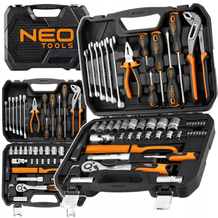 NEO TOOLS Universal Werkzeugkoffer 56-teilig mit Ratsche und Stecknüssen | CrV- und S2-Stahl; 72-Zah