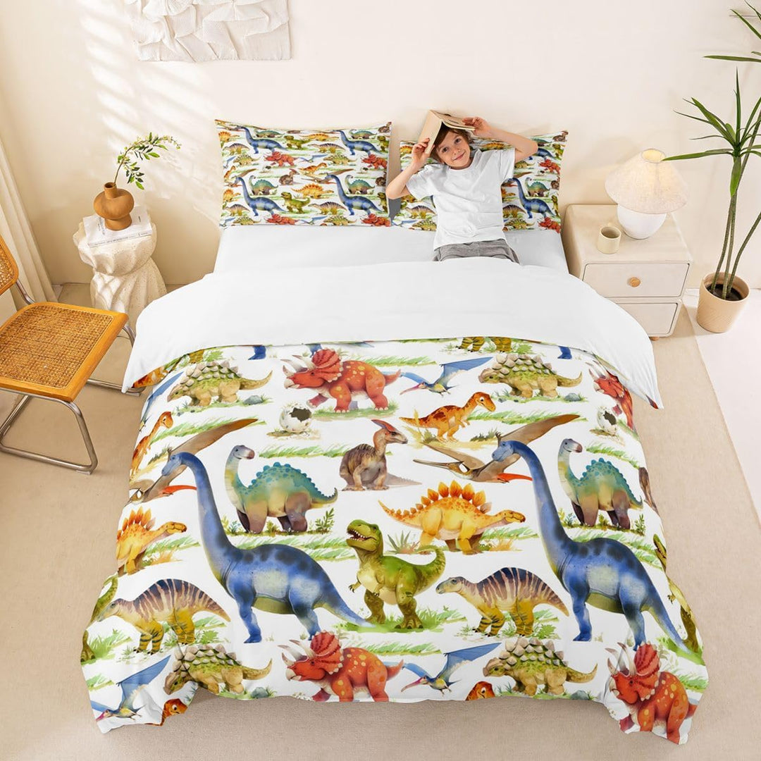 Loussiesd Cartoon Muster Bettwäsche Set Kinder Kids Dinosaurier Bettbezug mit 2 Kissenbezug 3 teilig