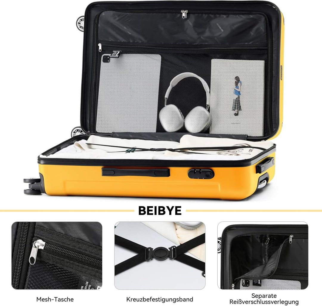 BEIBYE Hartschalen-Koffer Trolley Rollkoffer Reisekoffer Handgepäck 4 Rollen (M-L-XL-Set) (Yellow, M