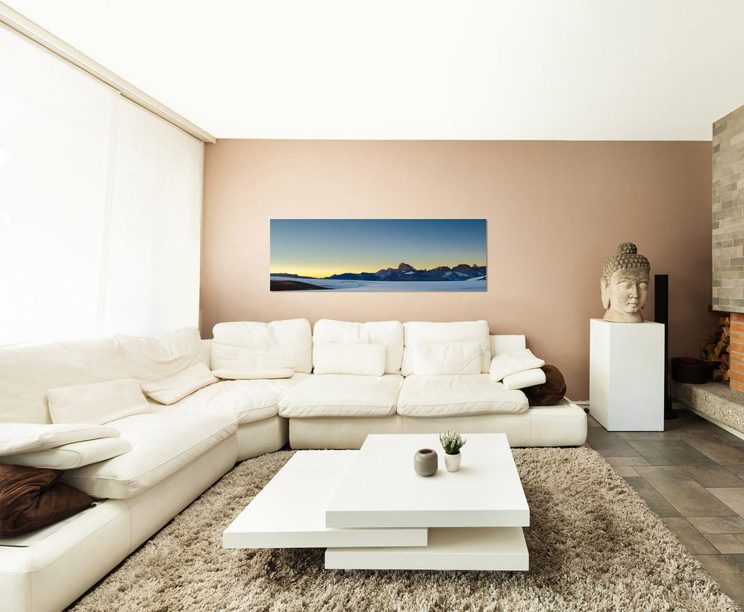 Paul Sinus Art Panoramabild auf Leinwand und Keilrahmen 150x50cm Berge Schnee EIS Sonnenaufgang