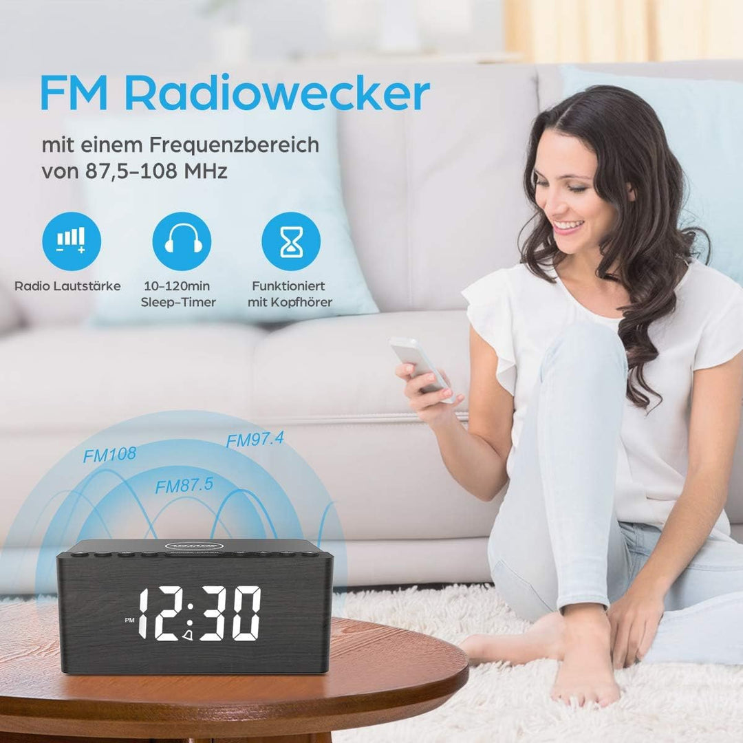 ANJANK Radio wecker Digital mit kabelloses Laden,10W Fast Wireless Charger for iPhone/Android Phone,