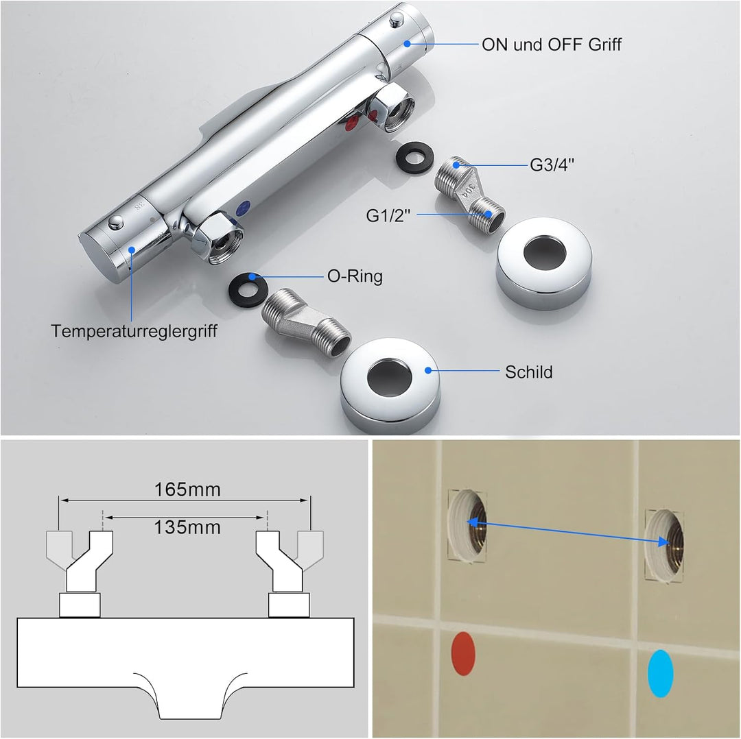 KEOKBON Duscharmatur mit Thermostat Mischbatterie Dusche mit 38 ° C Sicherheitssperre Wasserhahn Bad