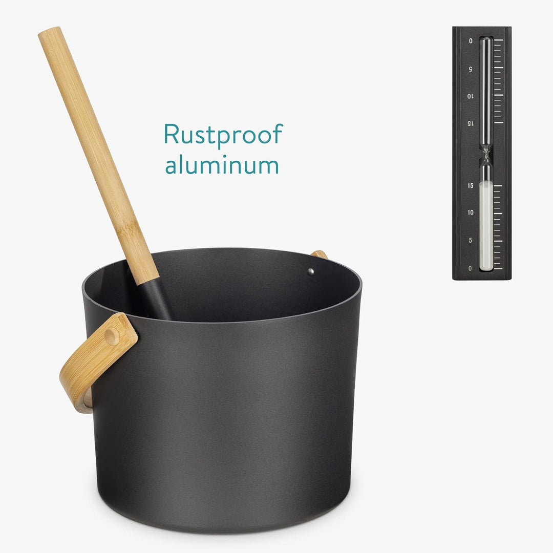 Navaris Aluminium Saunakübel mit Kelle und Sanduhr - Metall Sauna Kübel - Aufgusseimer Set 3tlg. Sau