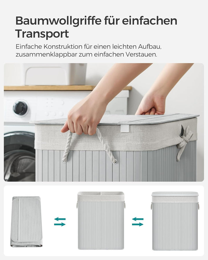 SONGMICS Wäschekorb 2 Fächer, 100 L Wäschesammler mit Deckel, Wäschebox Bambus, mit Griffen, faltbar