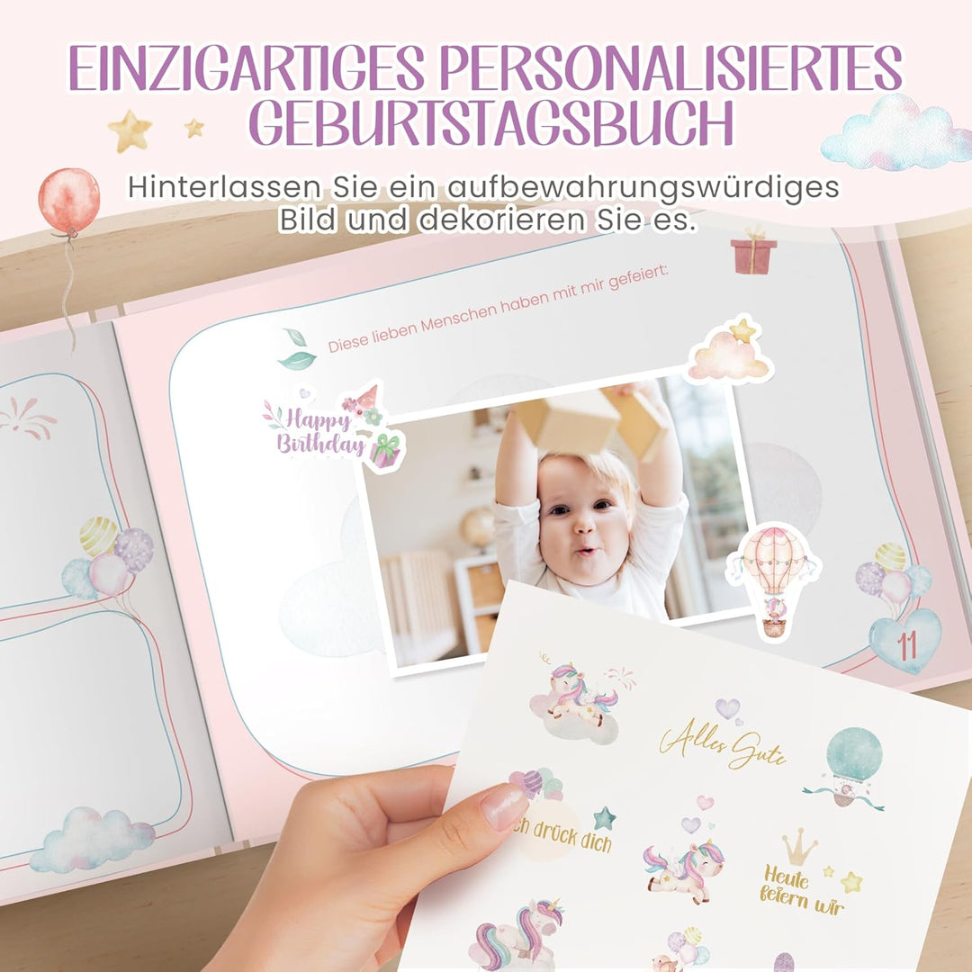 Geburtstagsbuch Erinnerungsalbum mit Aufklebern | Meine Kindergeburtstage von 1 bis 12 Fotobuch Albu