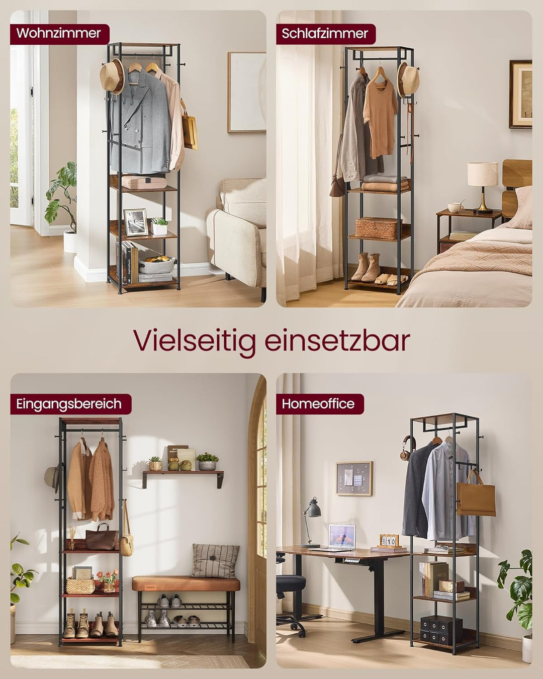 VASAGLE Kleiderständer, Garderobenständer mit Kleiderstange und Haken, Garderobe mit Ablagen, Stahlr