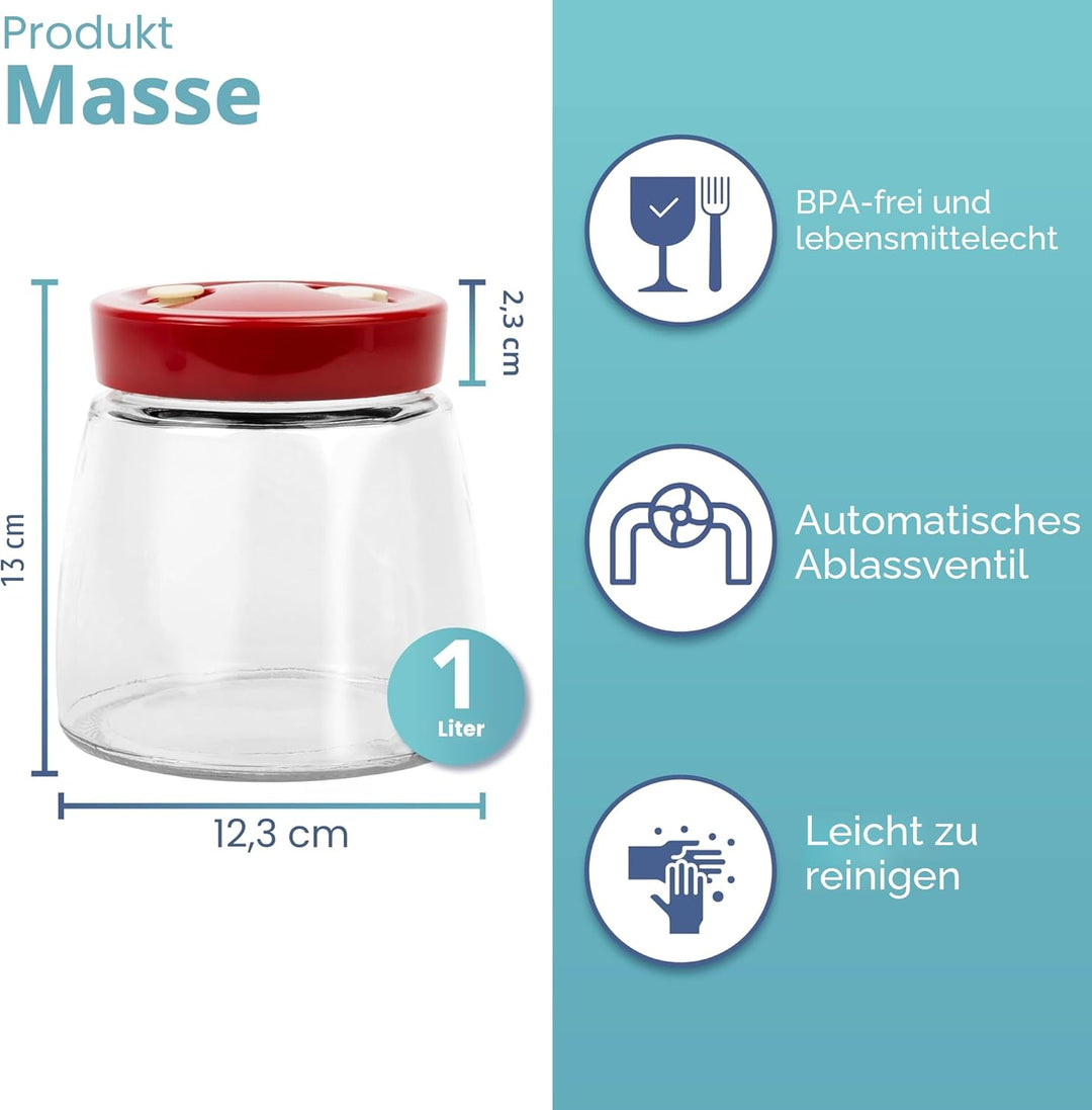 Gärglas mit 1-Wege-Luftablassöffnung – 1 Liter, 2 Stück – ideal für sichere Gärung für Kefir, Kimchi