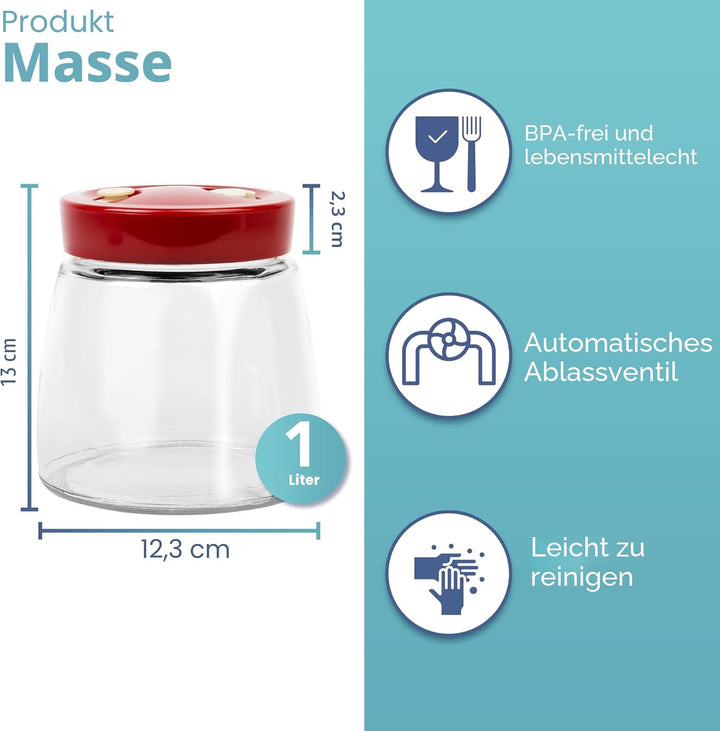 Gärglas mit 1-Wege-Luftablassöffnung – 1 Liter, 2 Stück – ideal für sichere Gärung für Kefir, Kimchi