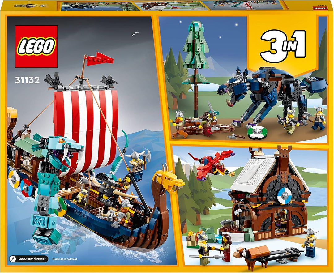 LEGO 31132 Creator 3in1 Wikingerschiff mit Midgardschlange, Set mit Schiff, Haus, Spielzeug-Wolf und