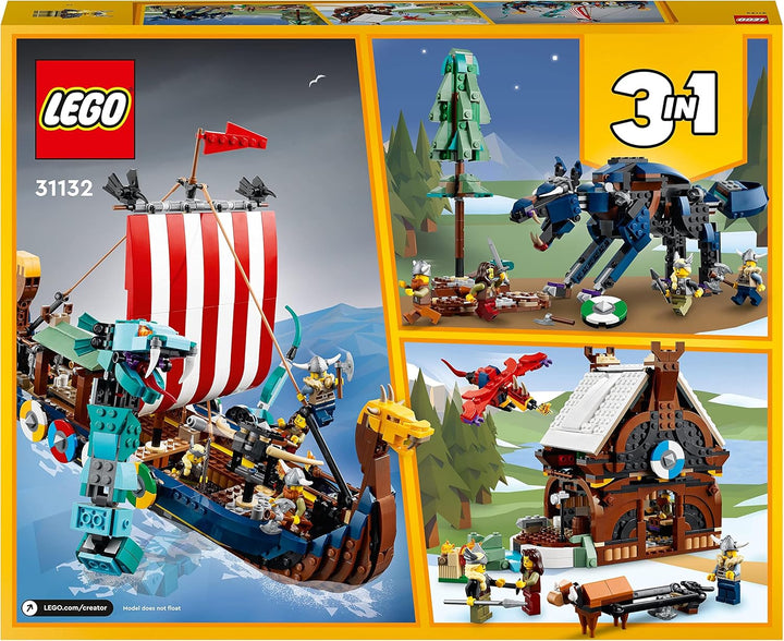 LEGO 31132 Creator 3in1 Wikingerschiff mit Midgardschlange, Set mit Schiff, Haus, Spielzeug-Wolf und