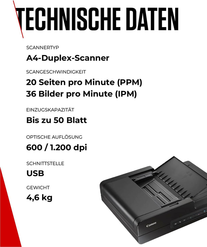 Canon DR-F120 imageFORMULA Flachbett- und Einzugsscanner A4, 2400dpi, 50 Blatt ADF, 20 Seiten/Min, P