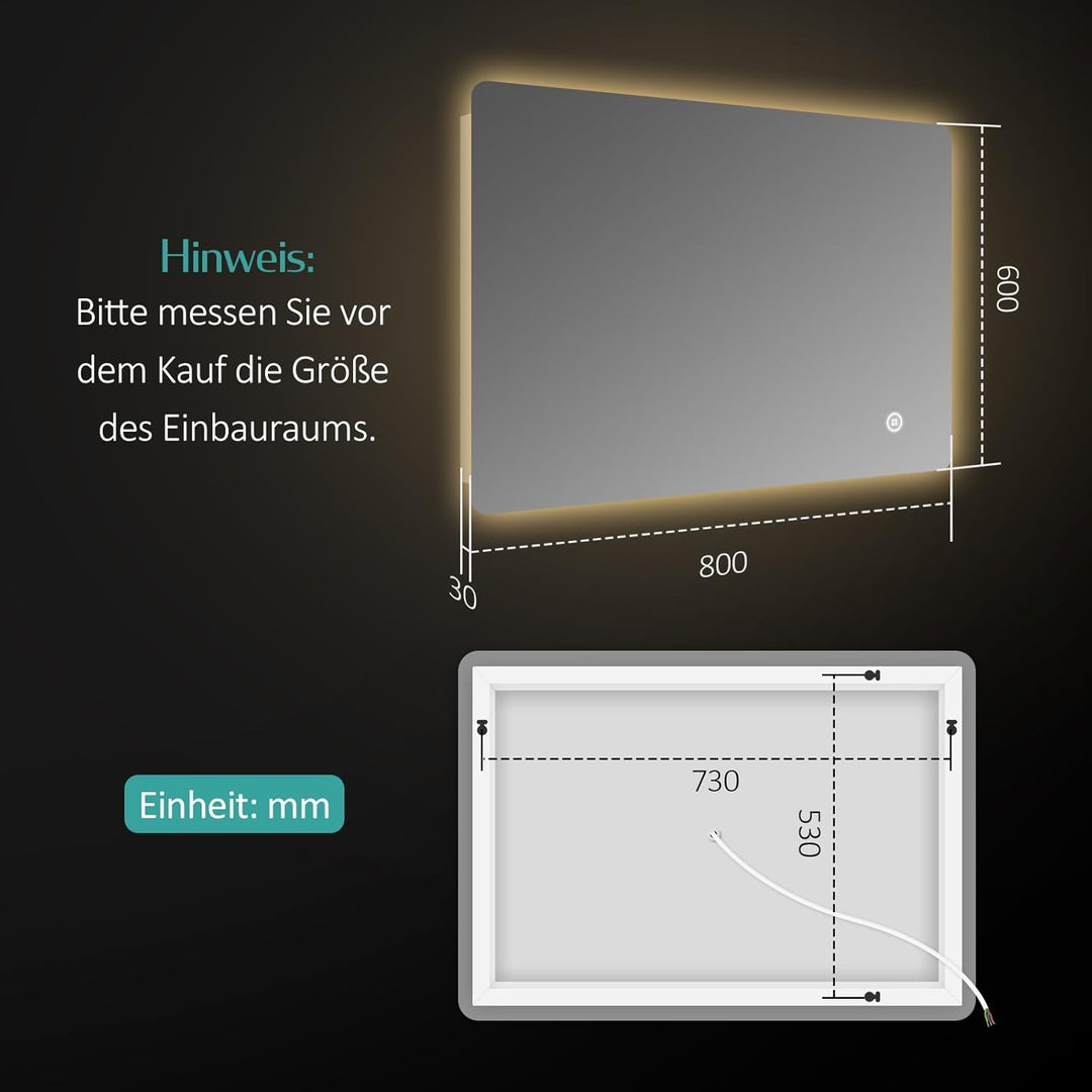 EMKE Badspiegel mit Beleuchtung 60x80 cm, Badezimmerspiegel mit 3 dimmbaren Lichtfarben, Touch, 3-St