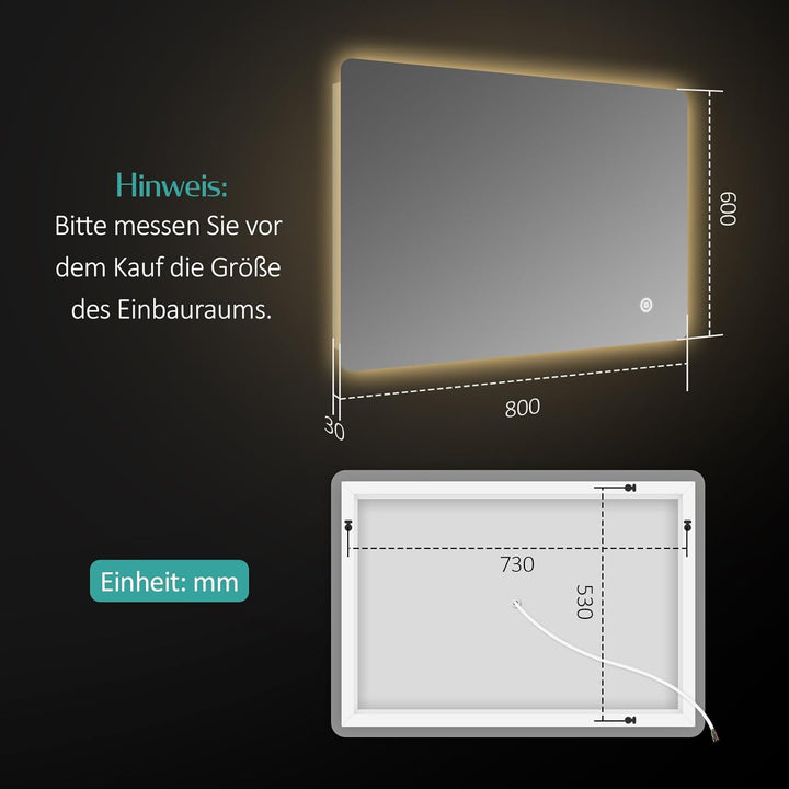 EMKE Badspiegel mit Beleuchtung 60x80 cm, Badezimmerspiegel mit 3 dimmbaren Lichtfarben, Touch, 3-St