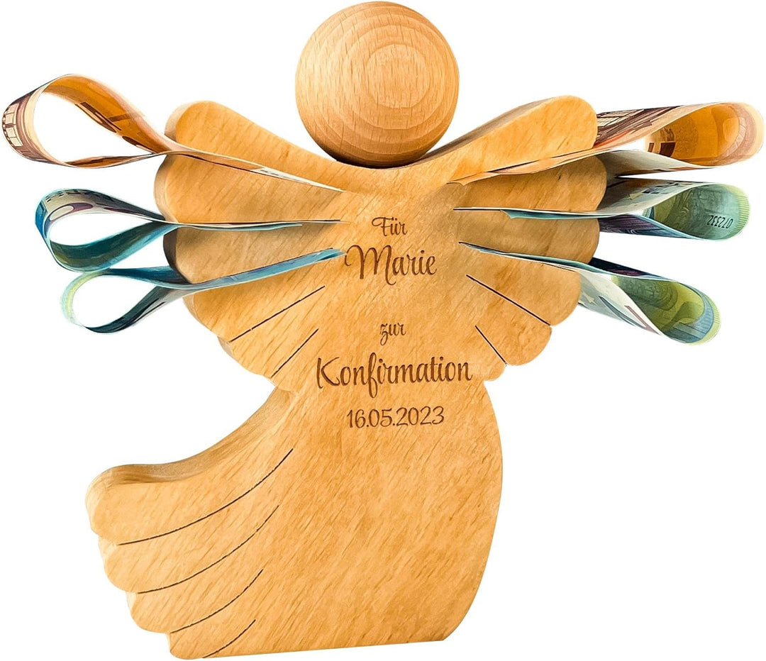 Engel Figur zur Konfirmation, Schutzengel mit Gravur, Personalisierte Holzengel Dekofigur, Konfirmat