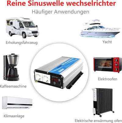 Wechselrichter 24V auf 230V Reiner Sinus 2000W Spannungswandler Umwandler-Inverter mit Zwei EU-Steck