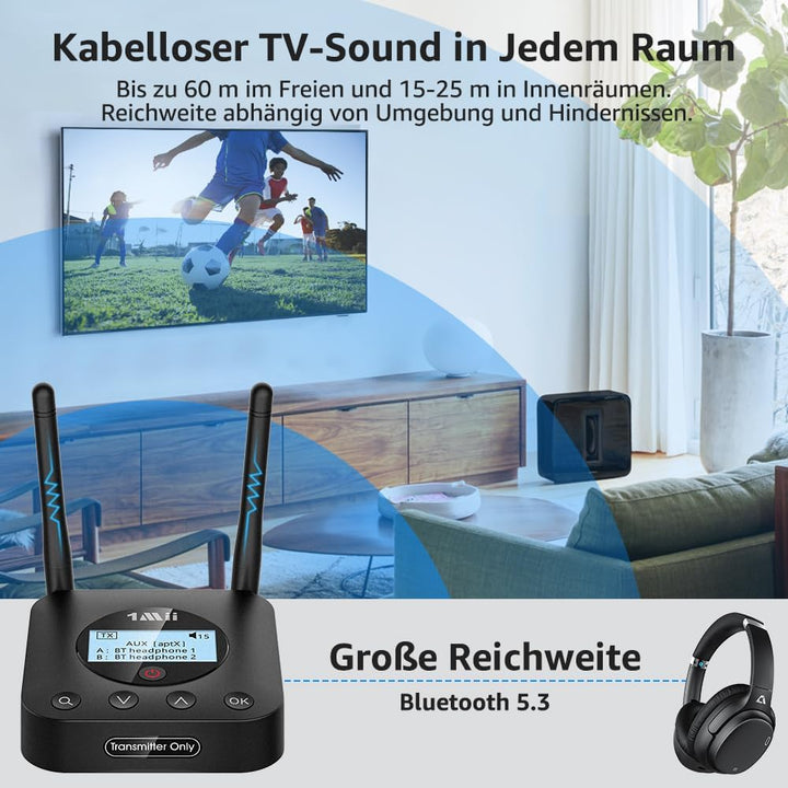 1Mii B06TX+ Bluetooth 5.3 Transmitter für TV mit Display, aptX Adaptive/HD/LL, Dual Link für 2 Kopfh