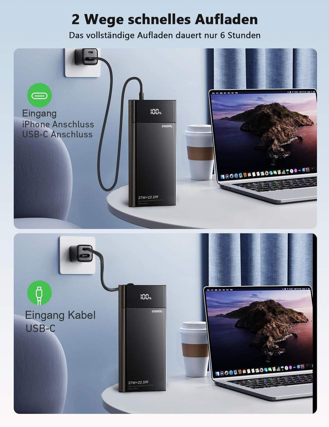 Miady Powerbank 20000mAh, 27W Schnellladen mit Integrietem USB-C Kabel, Externe Handyakkus kompatibe