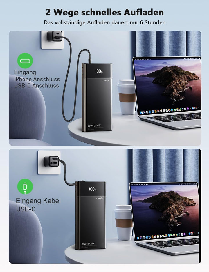 Miady Powerbank 20000mAh, 27W Schnellladen mit Integrietem USB-C Kabel, Externe Handyakkus kompatibe
