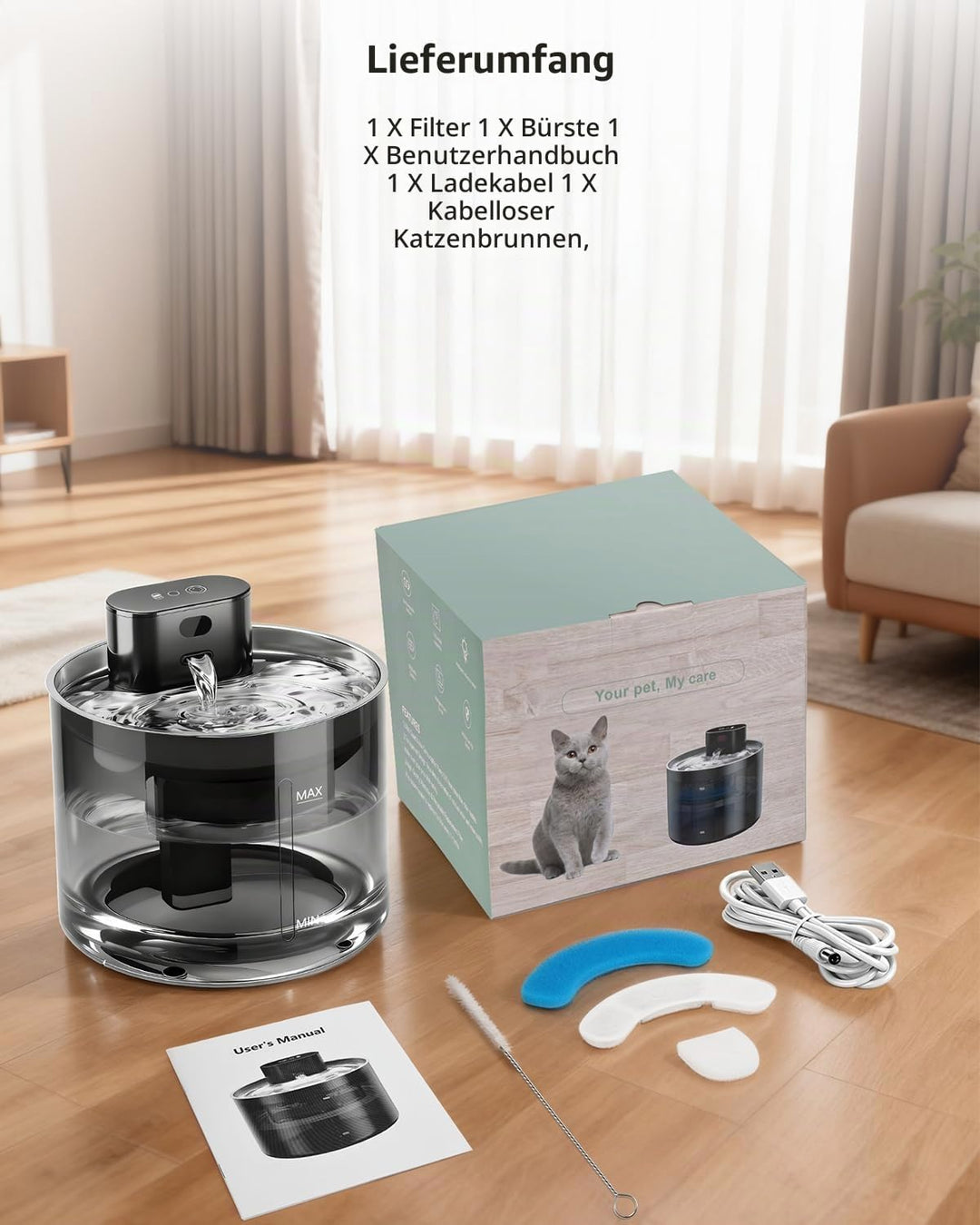 Upgrade 3.5L Katzenbrunnen Kabellos mit Bewegungsmelder, Trinkbrunnen für Katze, 5000mAh Batteriebet