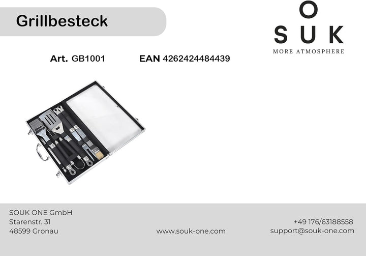 SOUK ONE Edelstahl Grillbesteck-Set 11-teilig Grill-Koffer BBQ Grillkoffer Besteck Zubehör für Männe