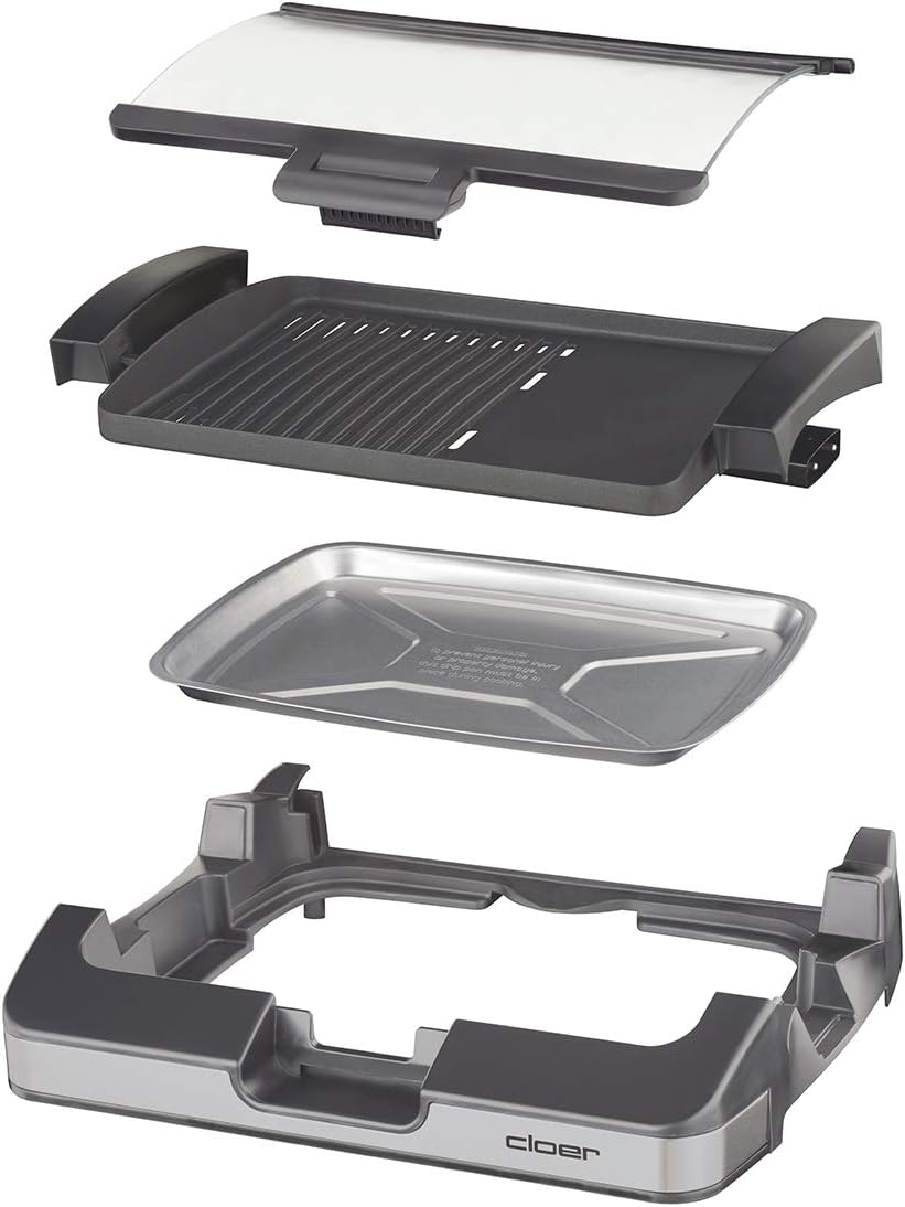 Cloer 6720 Barbecue-Grill mit Aluminium-Druckgussplatte, Antihaftbeschichtet, Glasdeckel, 2200 Watt,