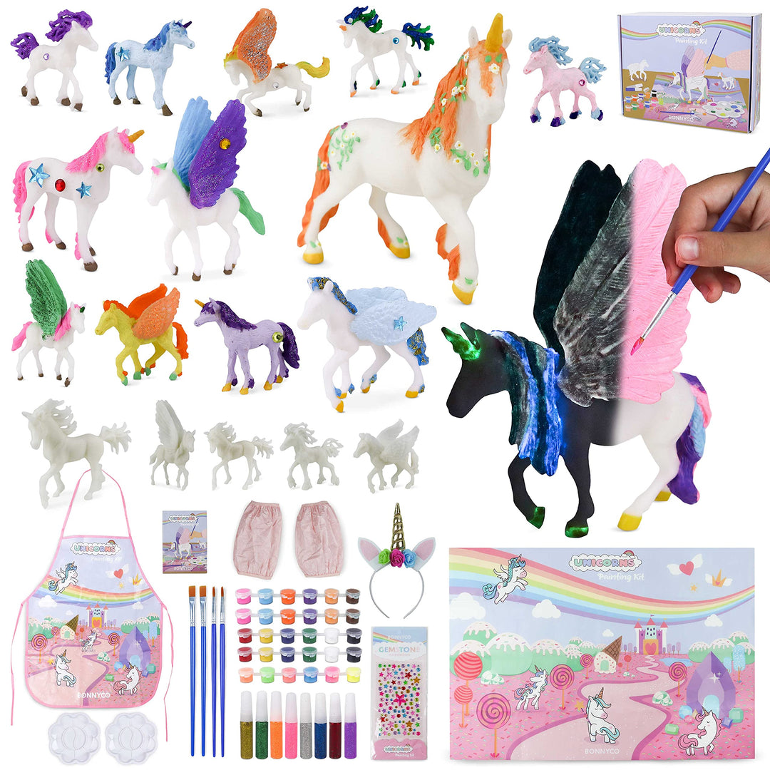 BONNYCO Einhorn Geschenk für Mädchen Malset 18, Bastelset Kinder mit Dunkeln Leuchtender Farbe. Mädc