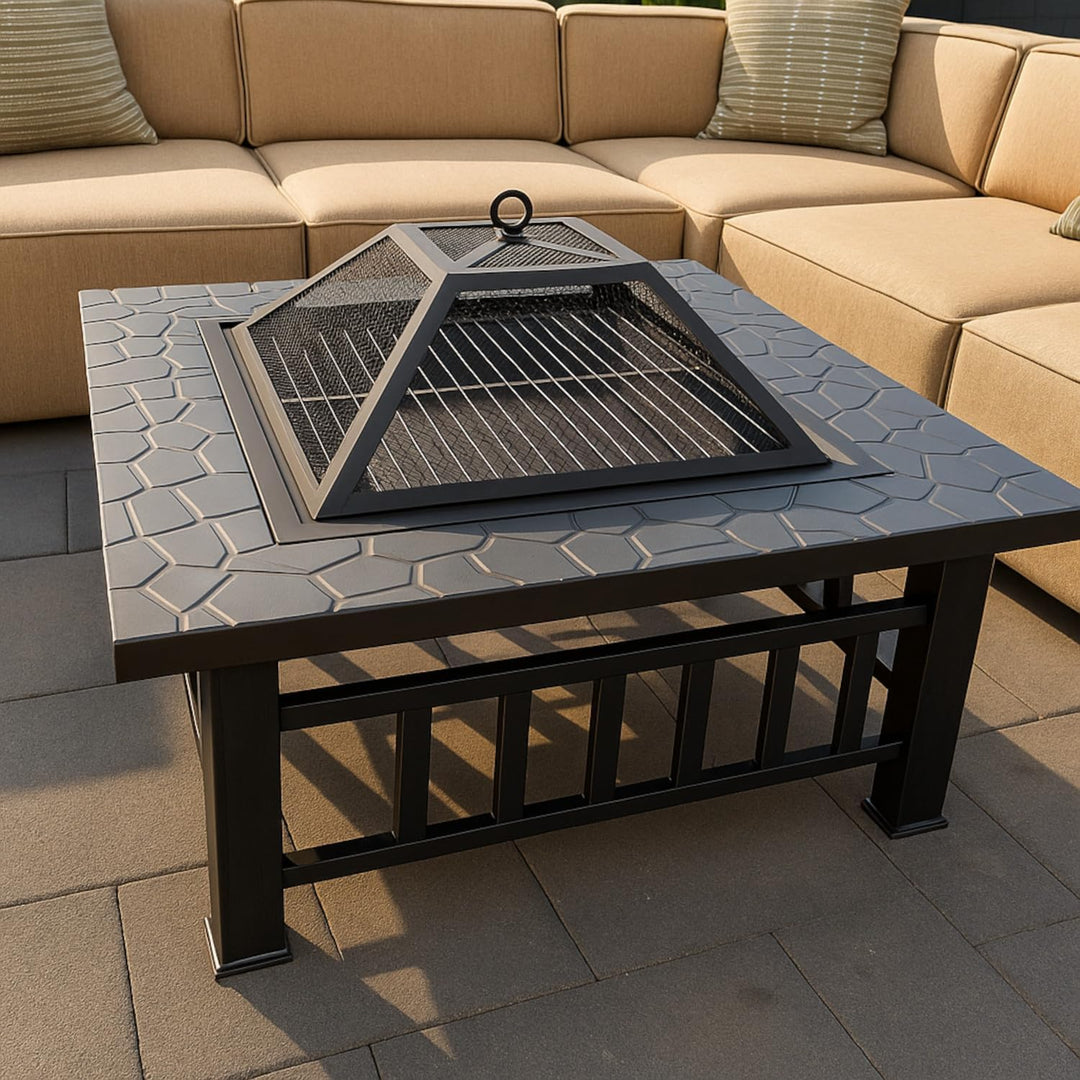 Preiswert&Gut Feuerschale mit Funkenschutz 3in1 in edler Steinoptik – Feuerstelle Terrasse als Grill