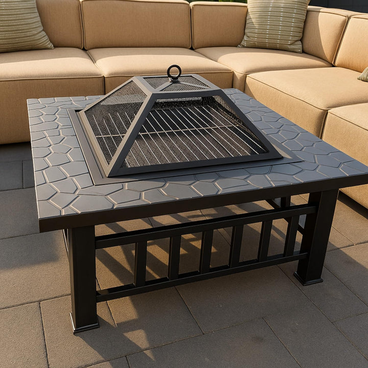 Preiswert&Gut Feuerschale mit Funkenschutz 3in1 in edler Steinoptik – Feuerstelle Terrasse als Grill