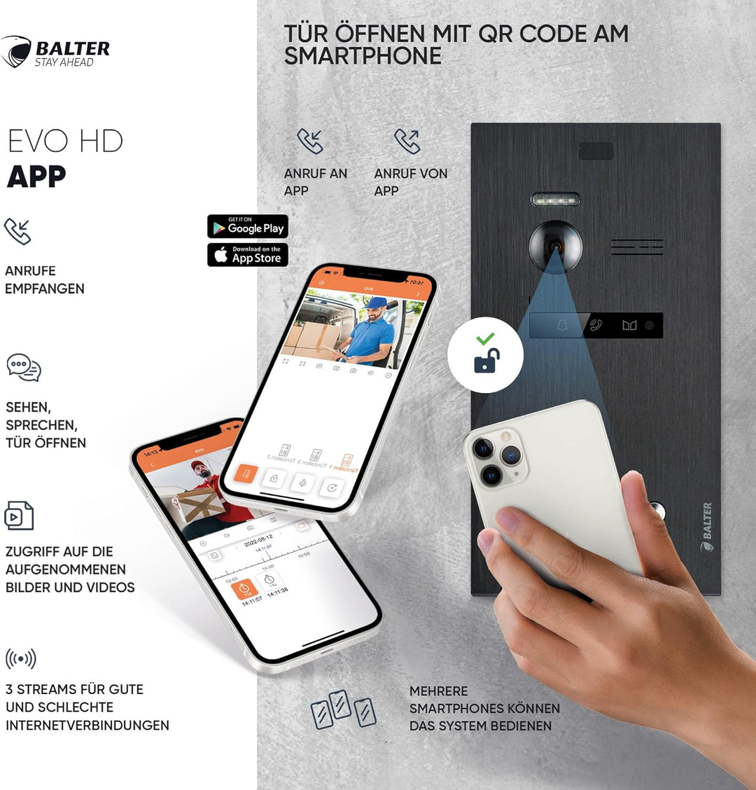 Balter EVO-HD Video Türsprechanlage, Video Türklingel mit Kamera, 4 familienhaus Klingel, Smartphone