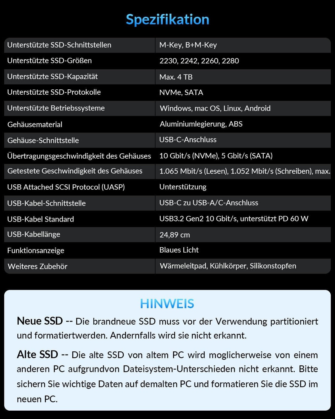 NVMe Gehäuse [Werkzeuglos], SETMSPACE M2 SSD Gehäuse [NVMe & SATA], M.2 SSD Gehäuse mit 2-in-1 Kabel