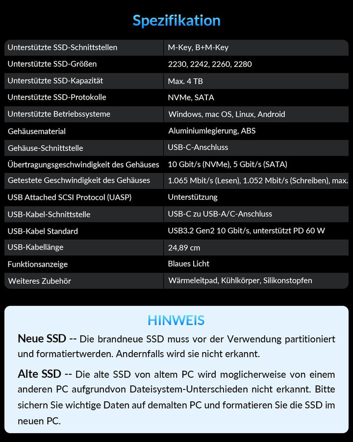NVMe Gehäuse [Werkzeuglos], SETMSPACE M2 SSD Gehäuse [NVMe & SATA], M.2 SSD Gehäuse mit 2-in-1 Kabel