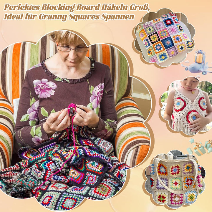 Coopay Granny Square Spanner Gross, 33 x 33 cm Blocking Board Häkeln Gross mit 30 Edelstahl Stabstif