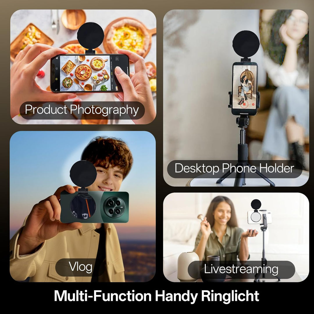 Magnetisches Selfie Licht Handy, Handylicht mit 3 Farbtemperaturen 2500k-9000k, 360° LED Ringlicht H