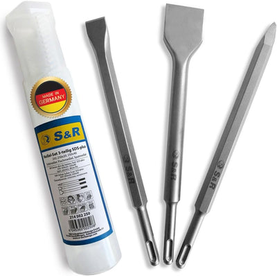 S&R Meissel-Set 3-tlg. Made in Germany in Industrie-Qualität, SDS-plus, Spatmeissel, Flachmeissel, S