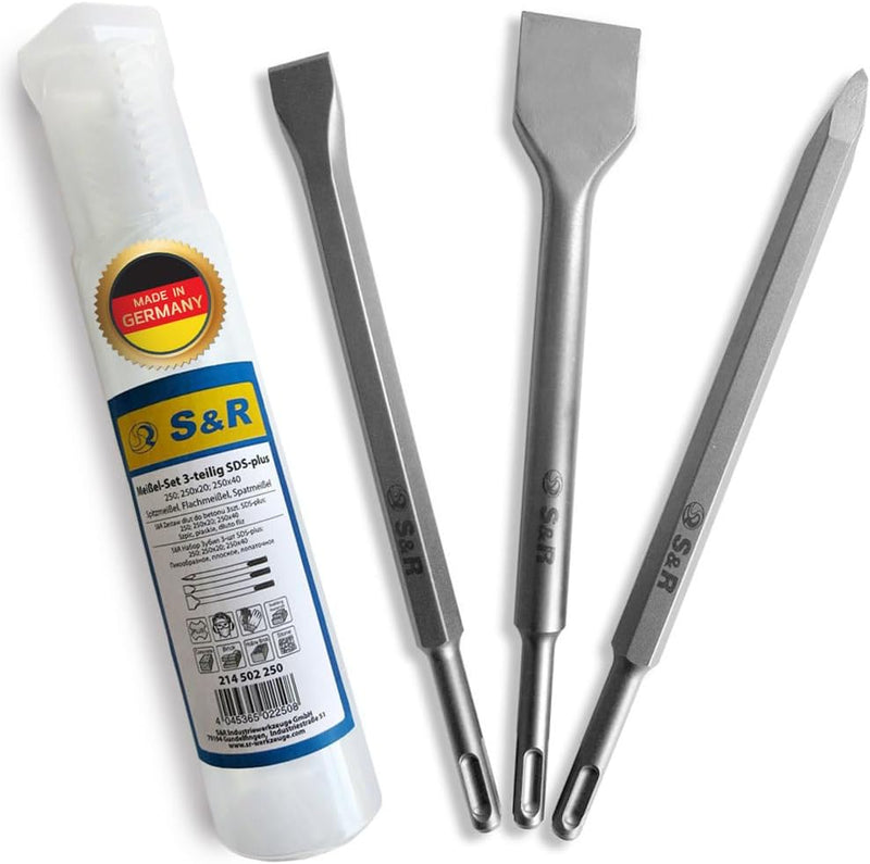 S&R Meissel-Set 3-tlg. Made in Germany in Industrie-Qualität, SDS-plus, Spatmeissel, Flachmeissel, S