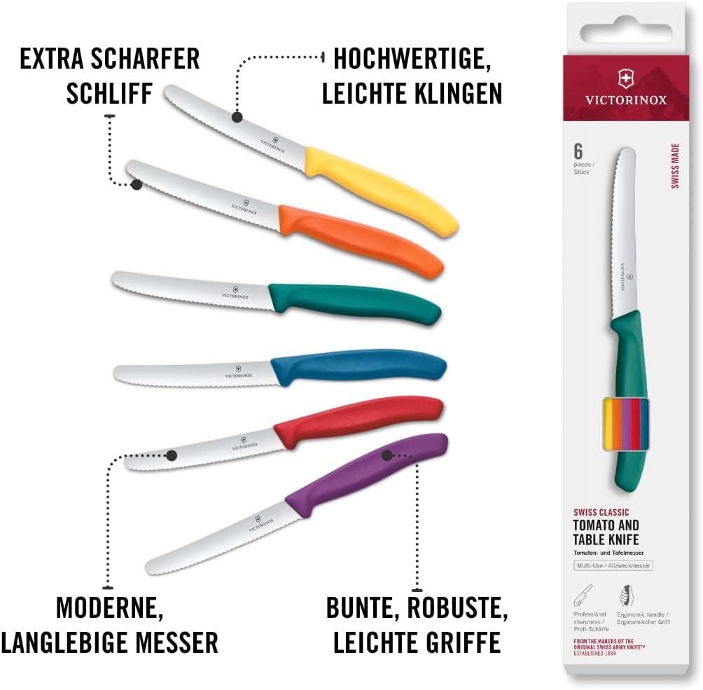 Victorinox Swiss Classic, Frühstücksmesser, Brötchenmesser Set 6teilig, Scharfe Klinge, Wellenschlif