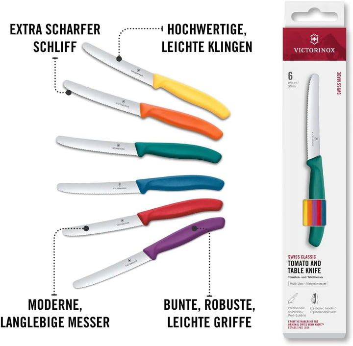 Victorinox Swiss Classic, Frühstücksmesser, Brötchenmesser Set 6teilig, Scharfe Klinge, Wellenschlif