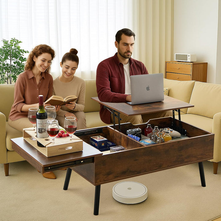 JanflyHome Couchtisch Höhenverstellbar, Couchtisch mit Stauraum, Schiebeplatte, 2 Separates Versteck