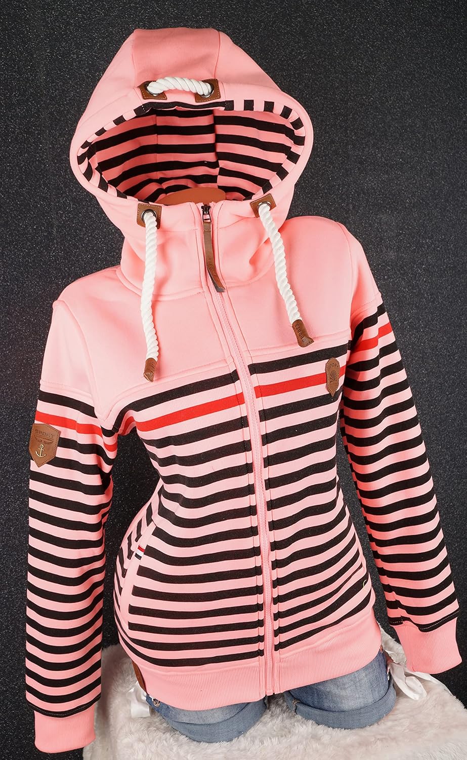 Damen Sweat Jacke Kapuze Fleece gefüttert Übergangsjacke Hoodie gestreiftes oder dünn-gestreiftes me