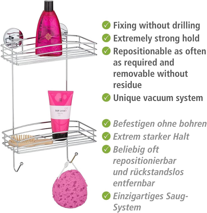 WENKO Vacuum-Loc® Wandregal 2 Etagen und 2 Haken, Wandablage ohne bohren, Duschablage mit Vakuum-Bef