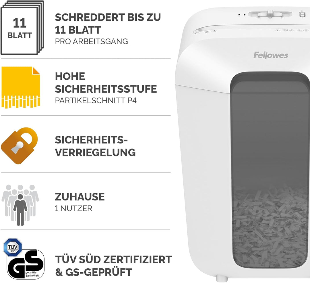 Fellowes Aktenvernichter 11 Blatt (P4), Papierschredder mit Partikelschnitt für Homeoffice und Büro,