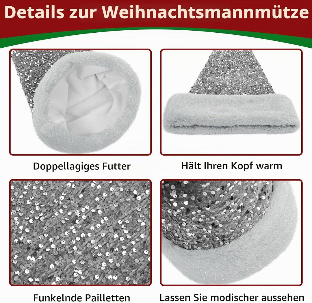 Samt Weihnachtsmannmütze für Erwachsene, Glitzer Seiden Nikolausmütze für Männer und Frauen, doppelt