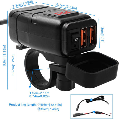 Kriogor Dual USB Motorcycle Car Charger, 3.0 Quick Charger and 6-30 V LED Voltmeter with Independent