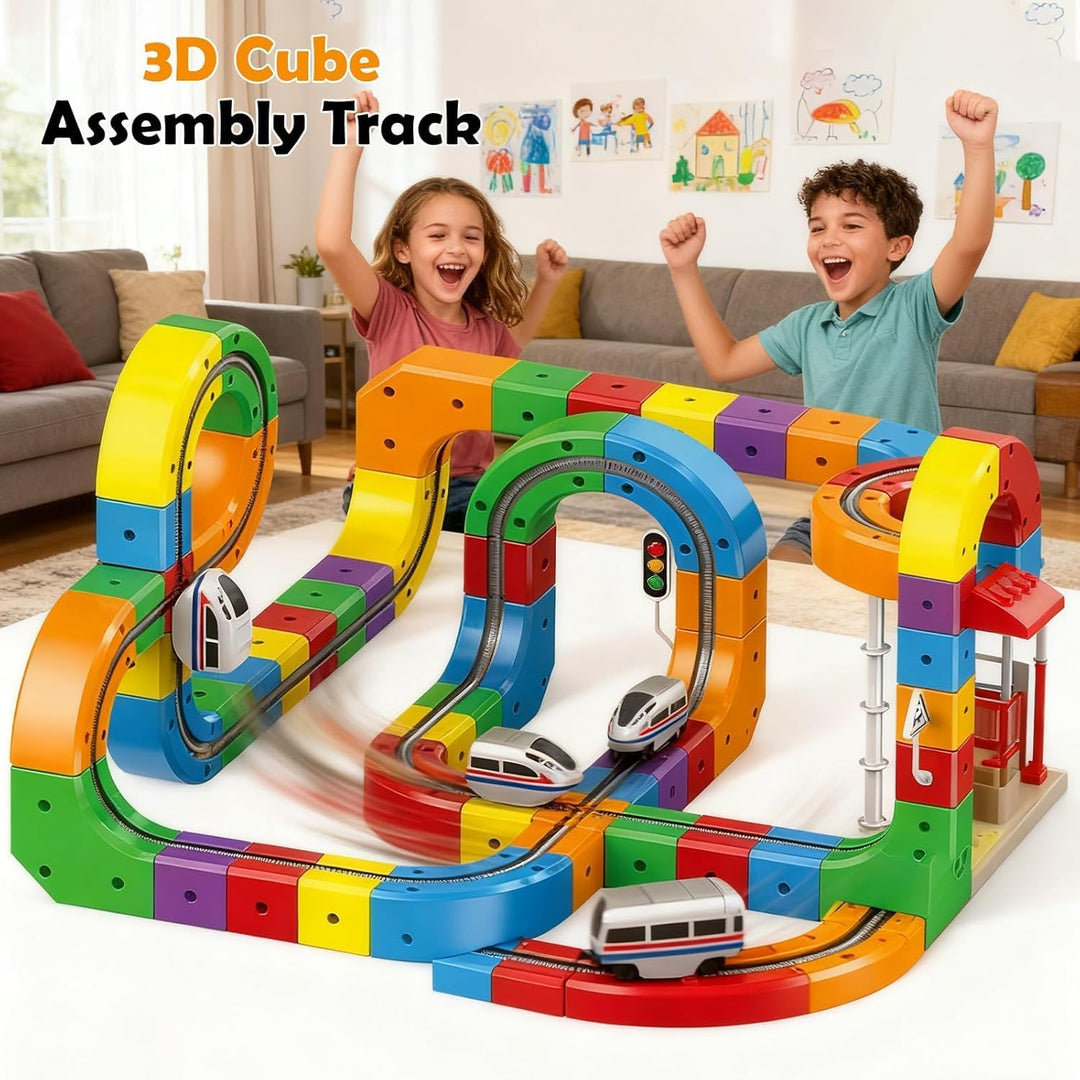 81 stück Clickrail Electric Train Set Flexible Rennstrecke, DIY Cube Track Block Zug mit Schwerkraft