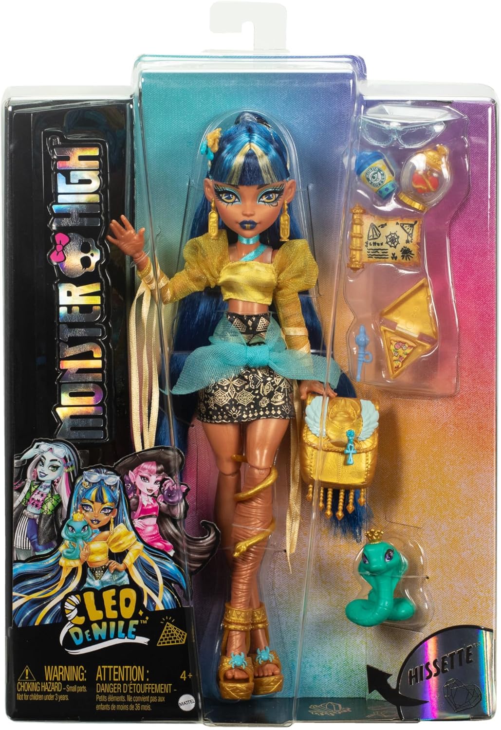 Monster High Cleo De Nile Puppe in Goldener Bluse und mehrlagigem Rock, enthält Haustier-Kobra Hisse