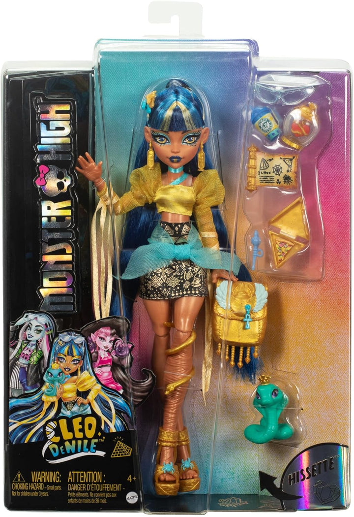 Monster High Cleo De Nile Puppe in Goldener Bluse und mehrlagigem Rock, enthält Haustier-Kobra Hisse