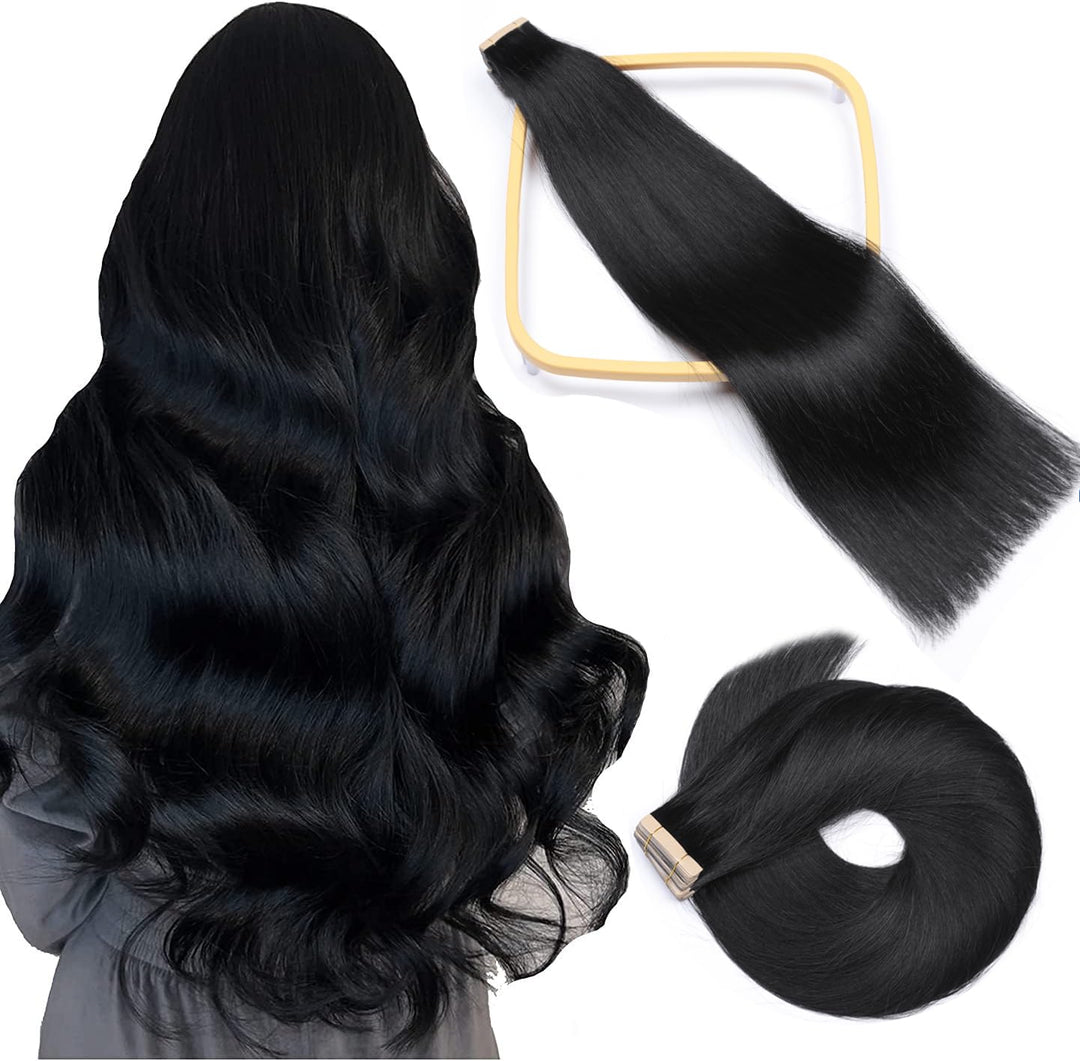 HotLulana Tape Extensions Echthaar Tief Schwarz Extensions Echthaar 20zoll/50cm 50g Skin Weft 100% N