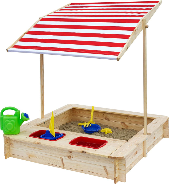beluga Spielwaren 50380 -Sandkasten mit Wasser-Matsch-Bereich und Rot/weissem Dach, natur / rot