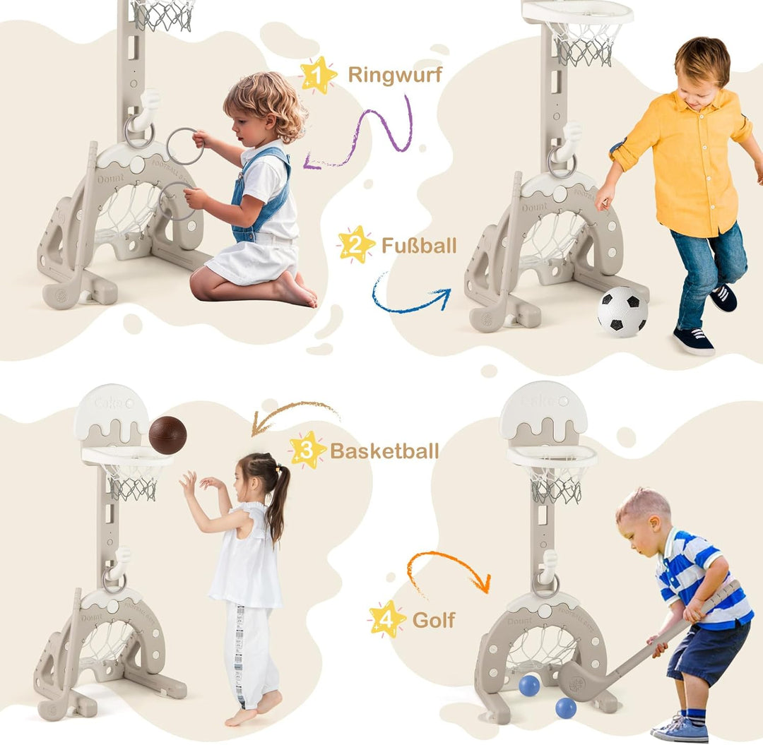 COSTWAY 4-in-1 Kinder Basketballkorb Set, höhenverstellbarer Basketballständer mit Fussballtor & Bas